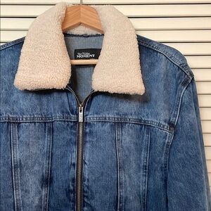 Blue Denim Jacket Graphic Art By the Sea with Cream Sherpa Collar